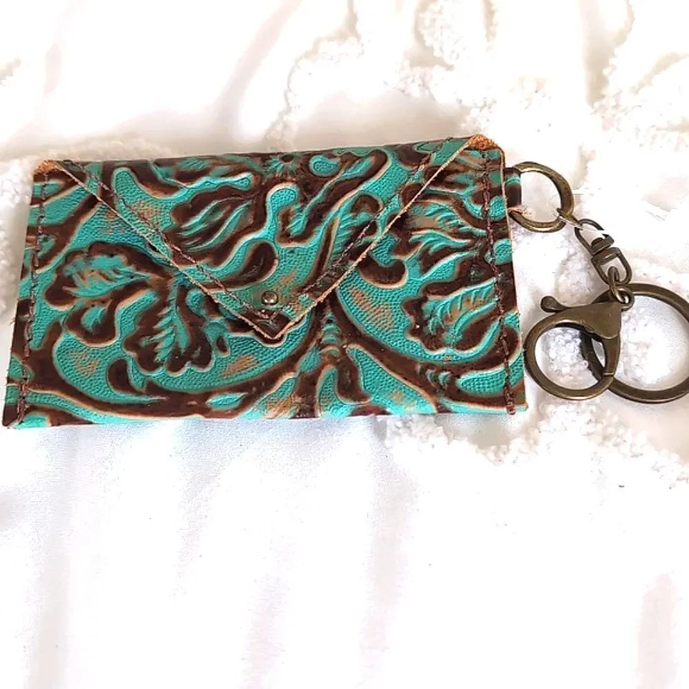 Turquoise and Brown Leather Tooled Artisan Keychain/C Card Money /Mini Wallet